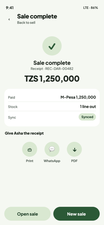 Sale complete with print and WhatsApp receipt