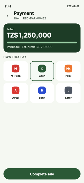 Payment with M-Pesa, Mixx, cash and more
